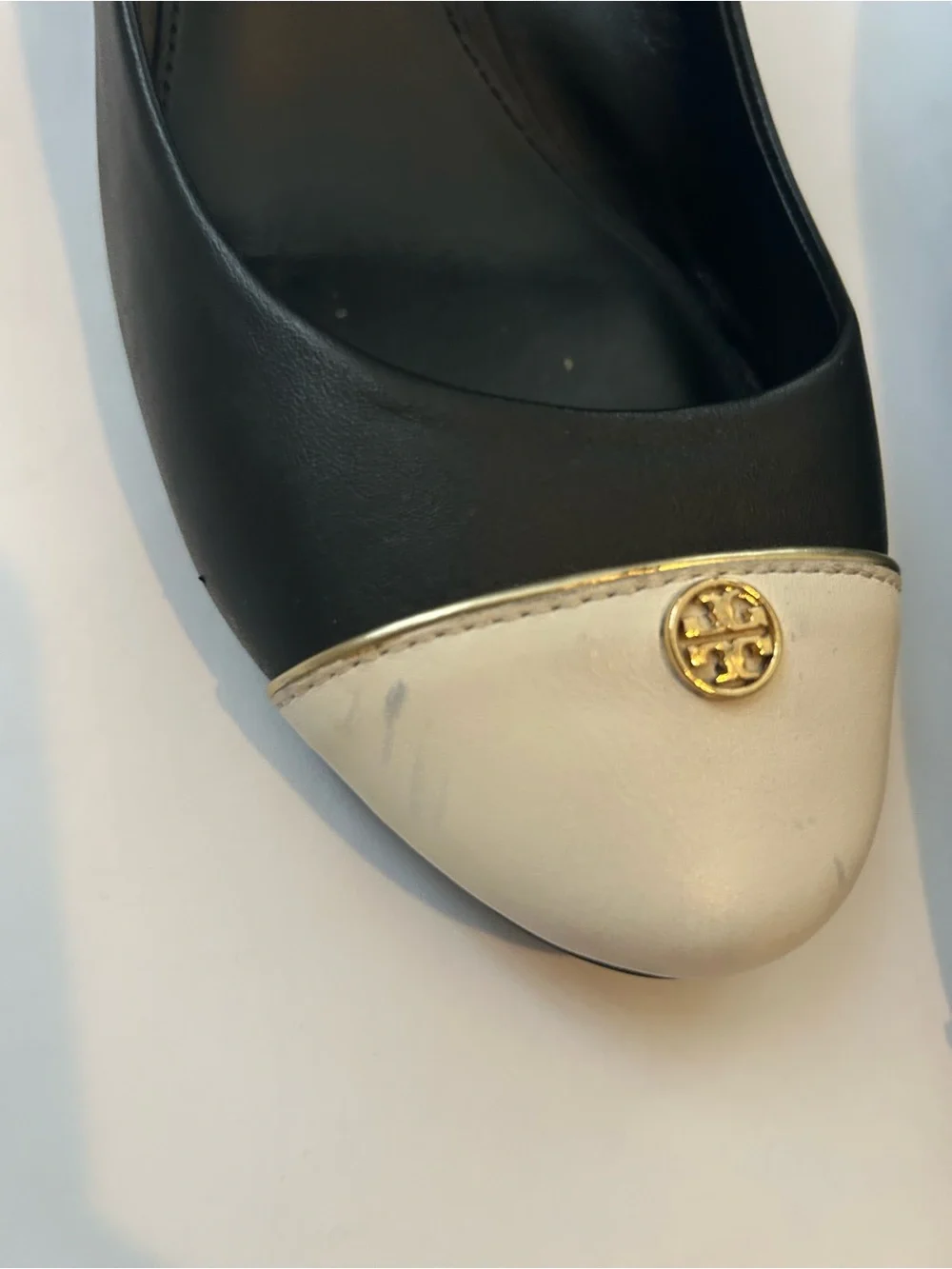 Tory Burch Leather Wedge Classic Black Shoe with Cream Cap Toe Gold Logo Accent